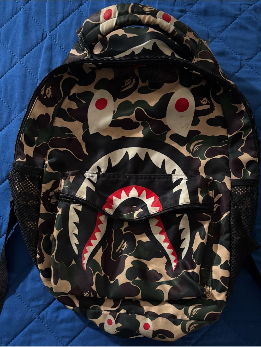 Bape Camo Shark Face Backpack in Green, Brown & Red